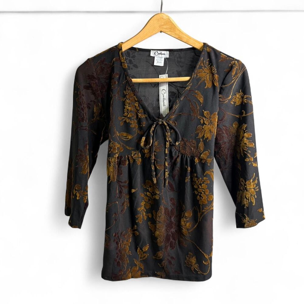 Carducci Women's Black and Brown Floral Velvet Blouse | Medium